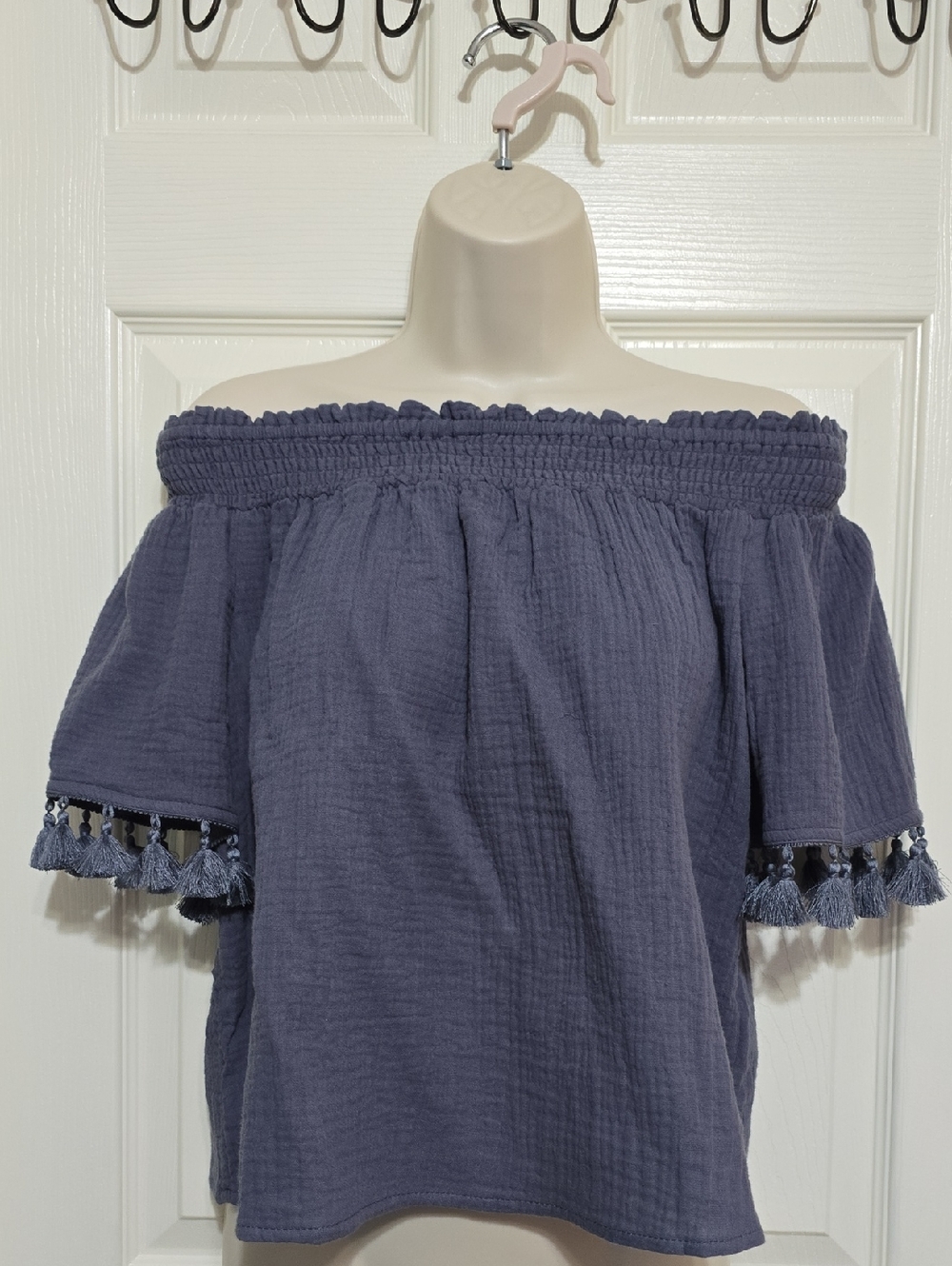 C&C California Off-Shoulder Tassel Sleeve Top in Slate Blue
